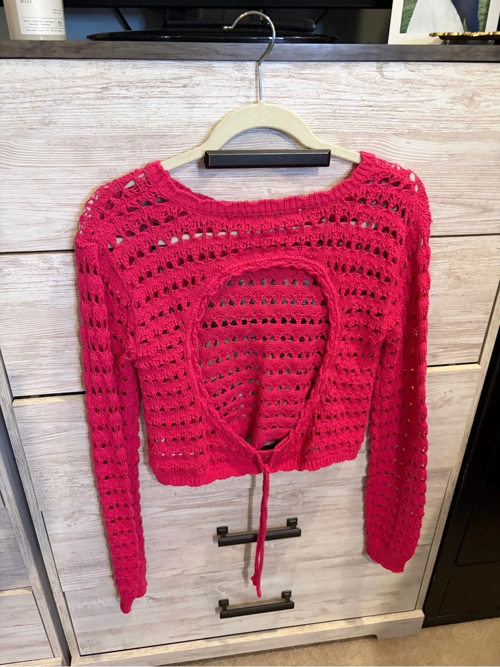 Free People Beach Hot Pink Open Knit Crochet Tie Back Sweater Boho Coastal Top